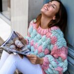 CANDY IN MY POCKET Handmade Knitted Woolen Sweater - Light Blue/Pink - Image 3