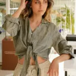 BAHAMA Μακρυμάνικη Crop Λινή Πουκαμίσα -Χακί - Image 2