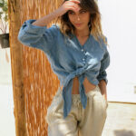 BAHAMA Crop Long-sleeved Linen Shirt -Blue - Image 2