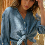 BAHAMA Crop Long-sleeved Linen Shirt -Blue