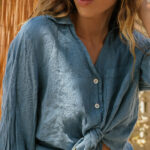 BAHAMA Crop Long-sleeved Linen Shirt -Blue - Image 4
