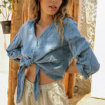 BAHAMA Crop Long-sleeved Linen Shirt -Blue - Image 5