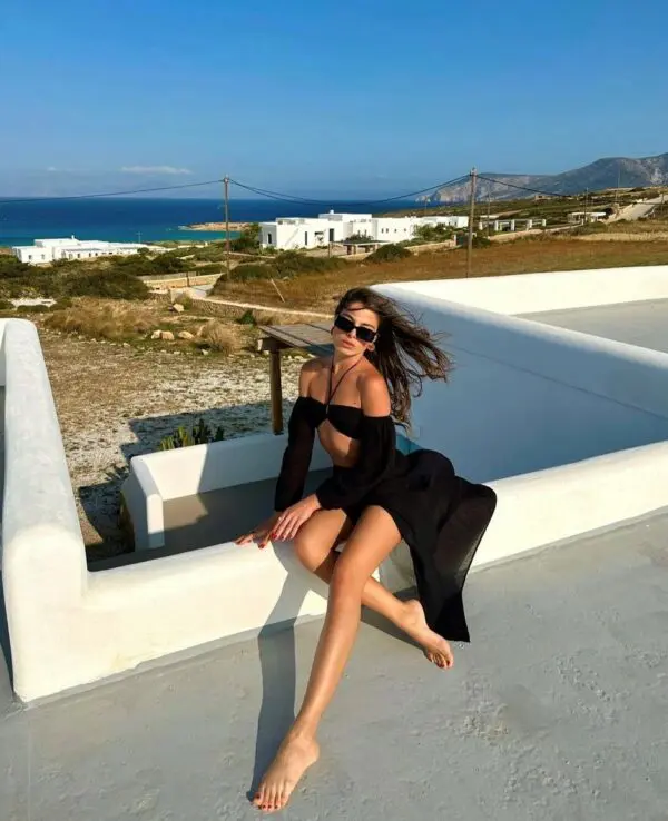 CANCUN ORGANIC Μακρυμάνικο Τοπ Από Οργανικό Βαμβάκι Με Κατεβασμένους Ώμους Και Λεπτομέρεια Στο Στήθος -Μαύρο - Image 5