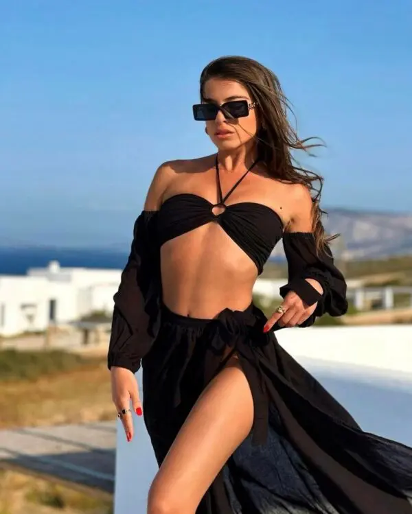 CANCUN ORGANIC Μακρυμάνικο Τοπ Από Οργανικό Βαμβάκι Με Κατεβασμένους Ώμους Και Λεπτομέρεια Στο Στήθος -Μαύρο - Image 2