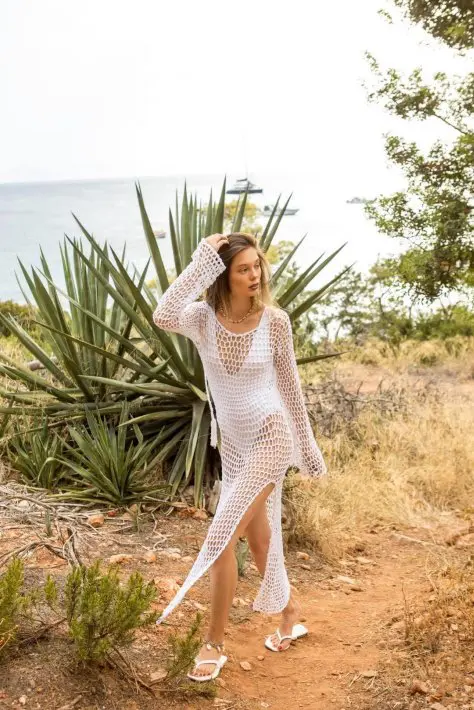 KATIE Χειροποίητο Πλεκτό Μακρυμάνικο Maxi Φόρεμα -Λευκό