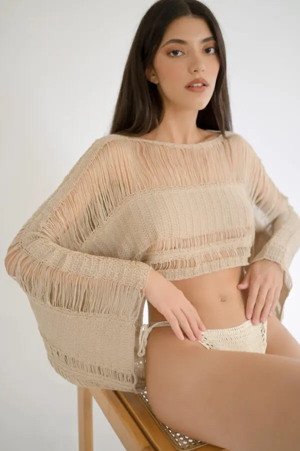 HONOLULU Handmade Crochet Long-Sleeved Crop Top With Ruffles - Image 4
