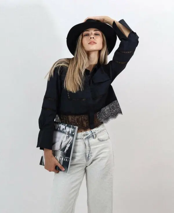 MIDNIGHT OASIS Crop Shirt With Details From Lace
