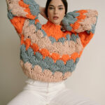 CANDY IN MY POCKET Handmade Knitted Woolen Sweater – Orange/Light Blue/Peach - Image 5