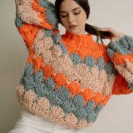 CANDY IN MY POCKET Handmade Knitted Woolen Sweater – Orange/Light Blue/Peach