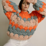 CANDY IN MY POCKET Handmade Knitted Woolen Sweater – Orange/Light Blue/Peach - Image 3