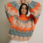 CANDY IN MY POCKET Handmade Knitted Woolen Sweater – Orange/Light Blue/Peach - Image 2