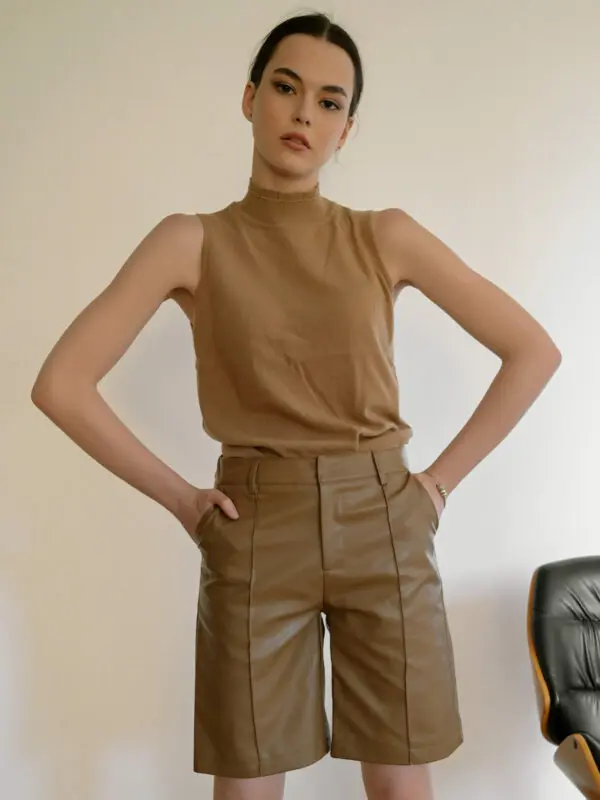 DORIAN Eco Leather Σορτς Με Φερμουάρ -Καφέ