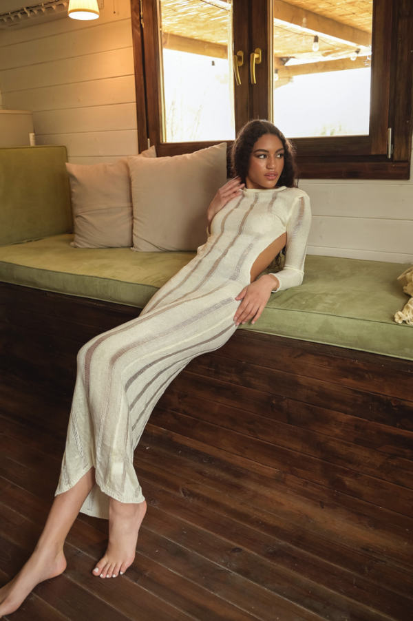 NEW FLAME Maxi Long-Sleeved Dress With Open Back And Transparent Details - Image 2