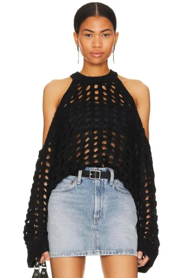IN TWO MINDS Crochet Long-Sleeved Perforated Top With Open Shoulders - Image 3