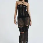 WANTING MORE Maxi Crochet Perforated Dress With Cut Outs And Silver Neck Detail - Image 5