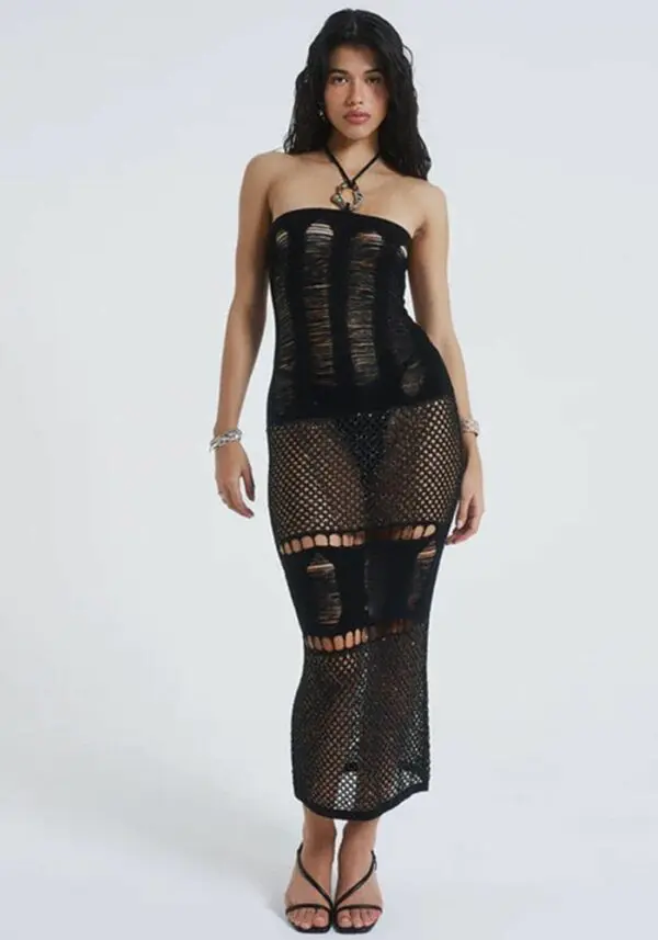 WANTING MORE Maxi Crochet Perforated Dress With Cut Outs And Silver Neck Detail - Image 5