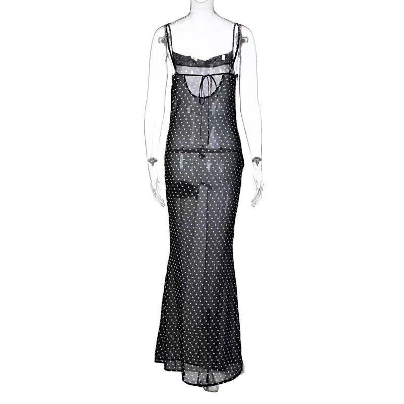 POLKA DOT SHEER DRESS Maxi Transparent Dress With Straps - Bloeur