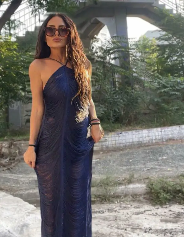 HAVANA VIBES Maxi Φόρεμα Με Ξέφτια -Σκούρο Μπλε