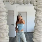 DON'T CALL ME YOURS DENIM Strapless Corset-Style Crop Top With Sequins Details - Image 6