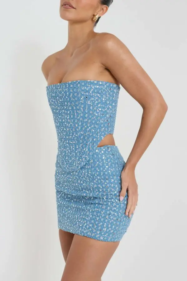 DON'T CALL ME YOURS DENIM Strapless Corset-Style Crop Top With Sequins Details - Image 2