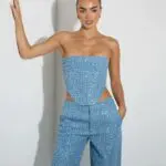 DON'T CALL ME YOURS DENIM Strapless Corset-Style Crop Top With Sequins Details - Image 4