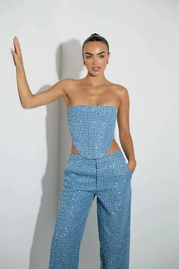 DON'T CALL ME YOURS DENIM Strapless Corset-Style Crop Top With Sequins Details - Image 4