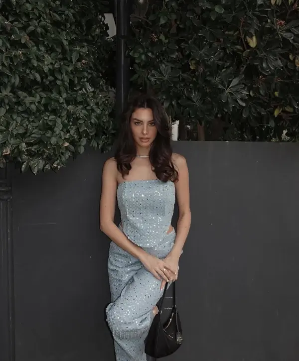 DON'T CALL ME YOURS DENIM Strapless Corset-Style Crop Top With Sequins Details - Image 9