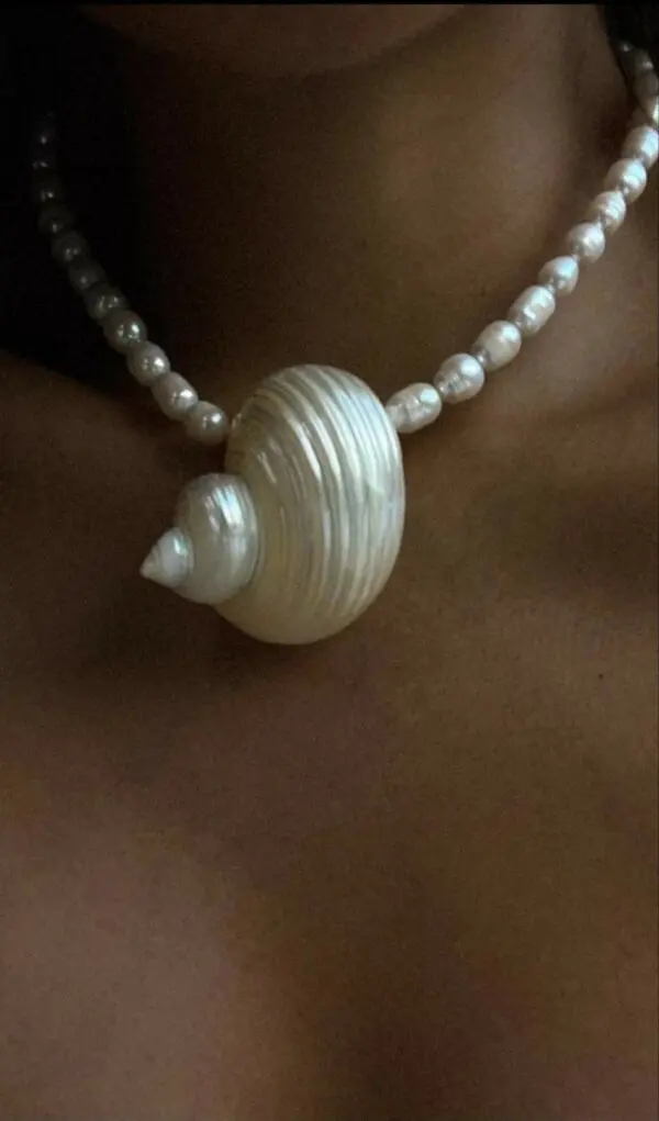 Handmade Necklace Decorated With Natural Pearls And Shell