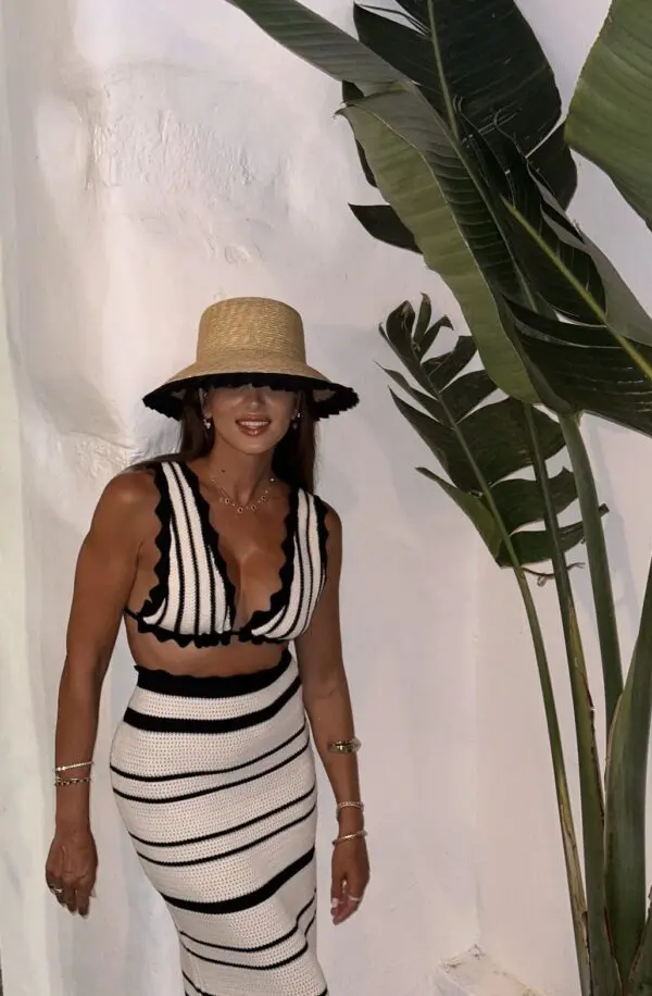 Black and White Crochet Crop Top With Maxi Skirt Set
