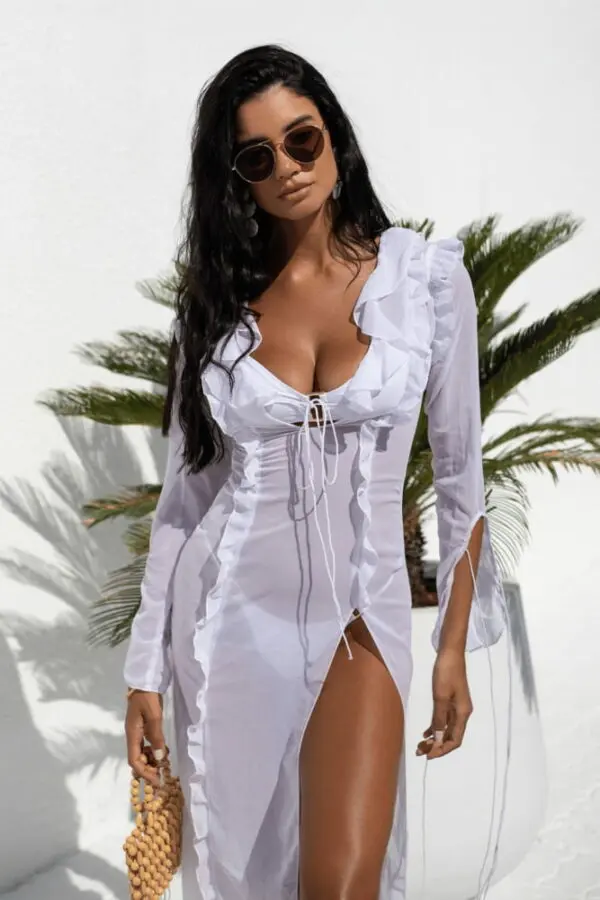 SENT FROM HEAVEN Maxi See-Through Long-Sleeved Dress With Details On The Chest And Sleeves -White - Image 2