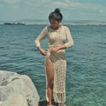 BRING THE VIBES Midi Handmade Crochet Perforated Fringe Skirt -Beige - Image 2