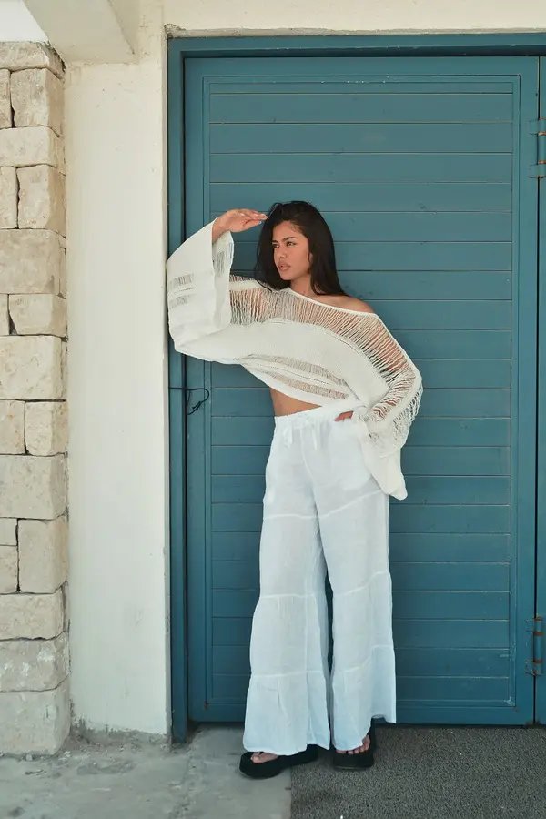 HONOLULU Χειροποίητο Πλεκτό Μακρυμάνικο Crop Τοπ Με Ξέφτια -Λευκό - Image 3