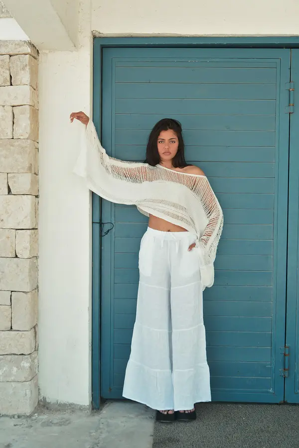 HONOLULU Χειροποίητο Πλεκτό Μακρυμάνικο Crop Τοπ Με Ξέφτια -Λευκό - Image 2