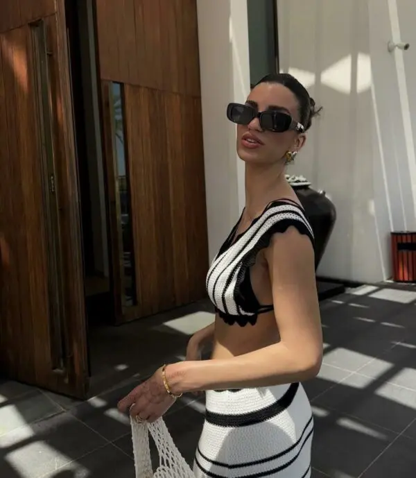 Black and White Crochet Crop Top With Maxi Skirt Set - Image 2