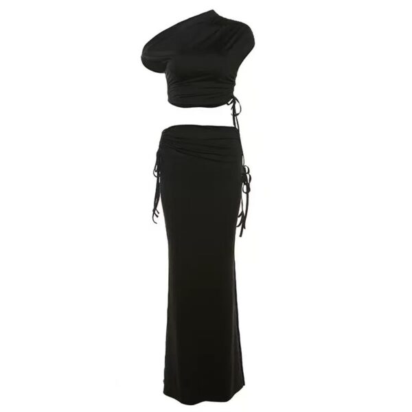 Co-Ord Set - Sleeveless Crop Top And Maxi Skirt With Lace Up Details - Image 4