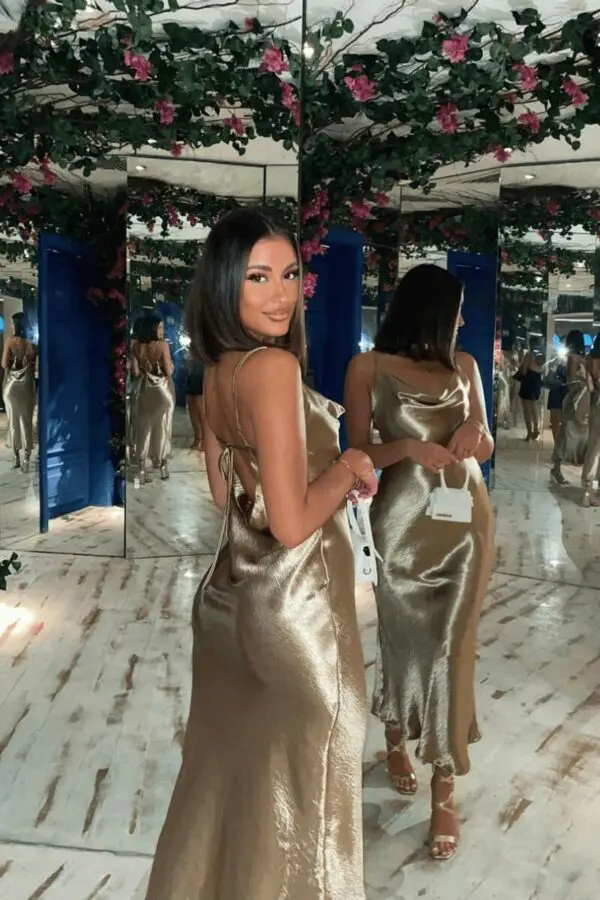 Maxi Dress With Straps And Open Back -Gold