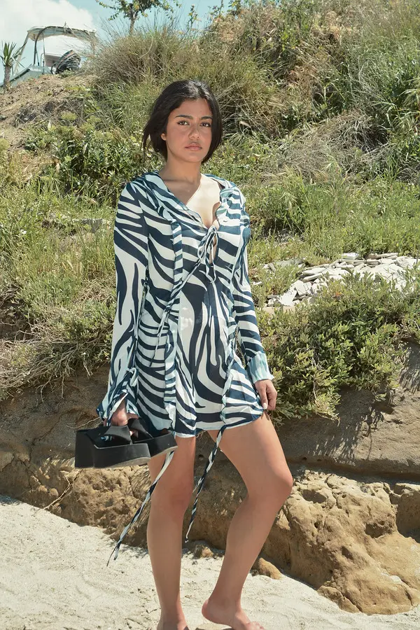 Long-Sleeve See-Through Printed Mini Dress With Ruffle And Lace Details - Image 2
