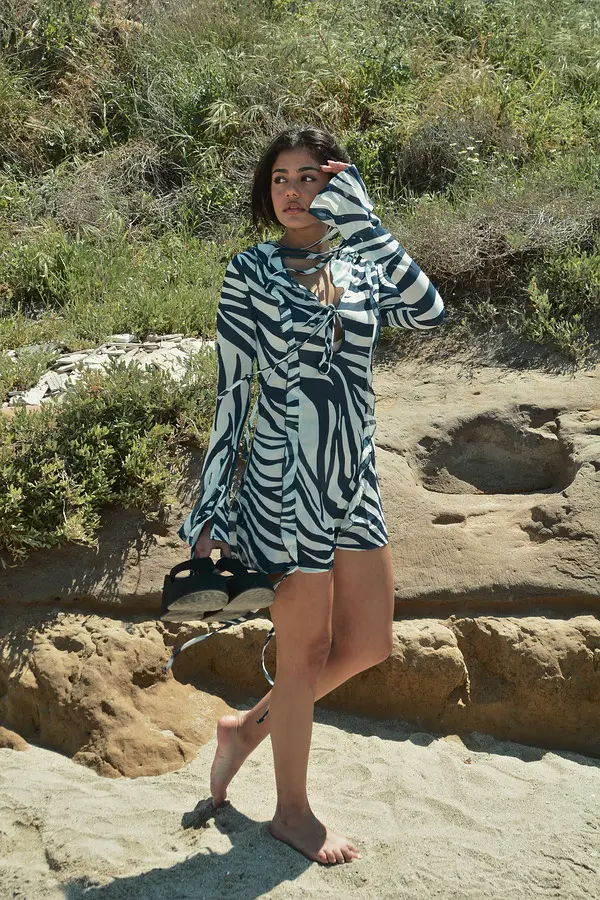 Long-Sleeve See-Through Printed Mini Dress With Ruffle And Lace Details