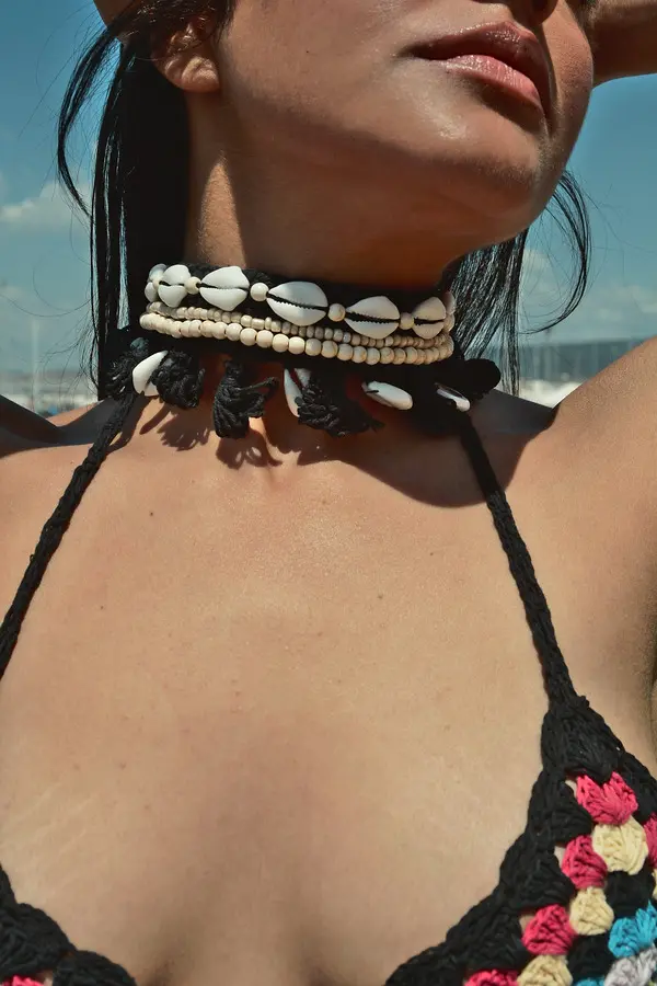 Handmade Crochet Choker - Necklace Decorated With Beads And Shells