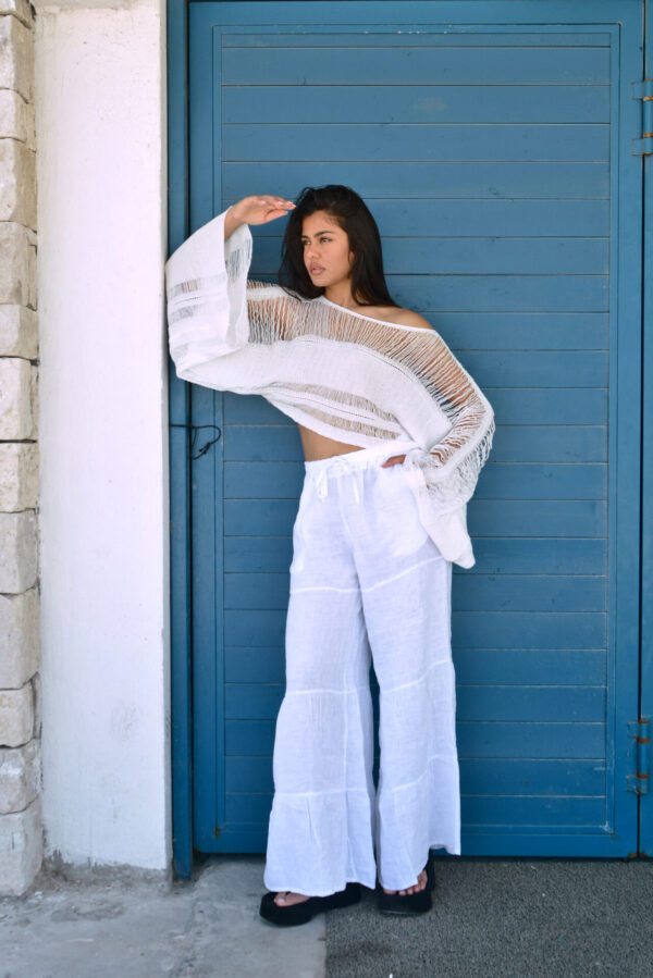 HONOLULU Handmade Crochet Long-Sleeved Crop Top With Ruffles - White - Image 2