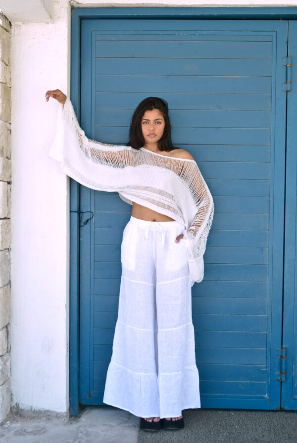 HONOLULU Handmade Crochet Long-Sleeved Crop Top With Ruffles - White - Image 3