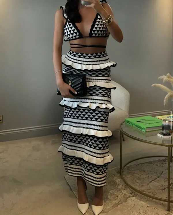 Black and White Crochet Top And Skirt Set With Ruffles - Image 4