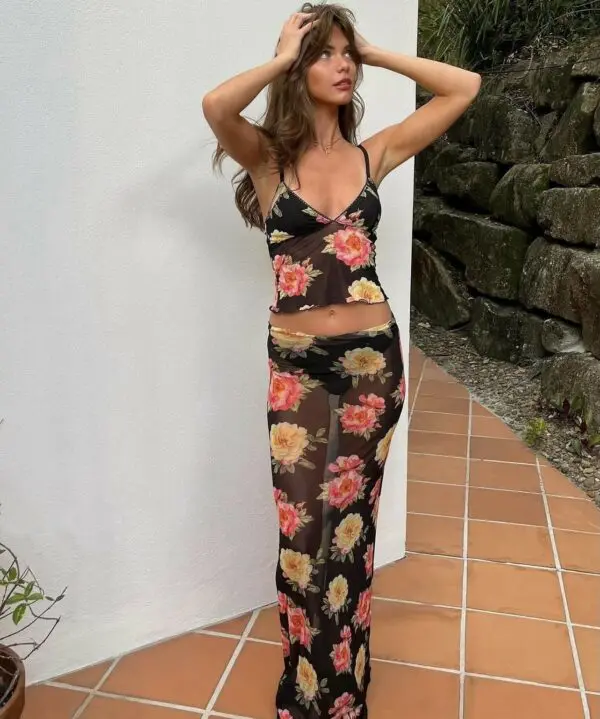 See Through Floral Σετ Maxi Φούστα Και Τοπ - Image 3