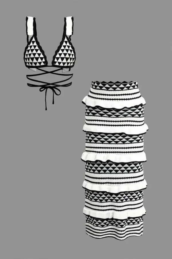 Black and White Crochet Top And Skirt Set With Ruffles - Image 9