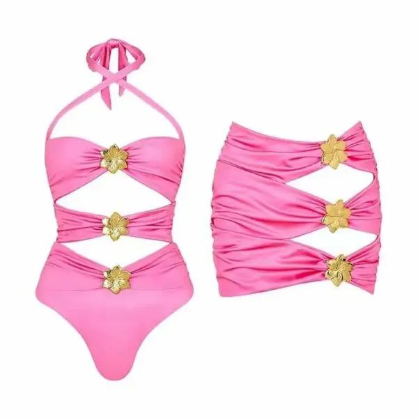 One Piece Swimsuit Set With Skirt And Gold Details - Image 3