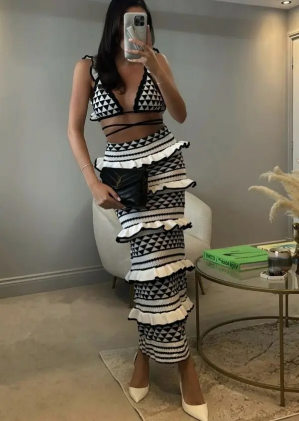 Black and White Crochet Top And Skirt Set With Ruffles - Image 5