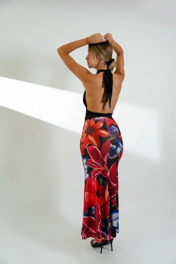 Floral Maxi Dress With Open Back And Plunging Neckline
