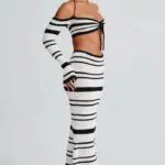 Black and White Crochet Long Sleeve Crop Top With Maxi Skirt Set