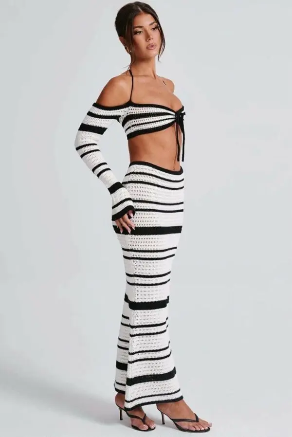 Black and White Crochet Long Sleeve Crop Top With Maxi Skirt Set