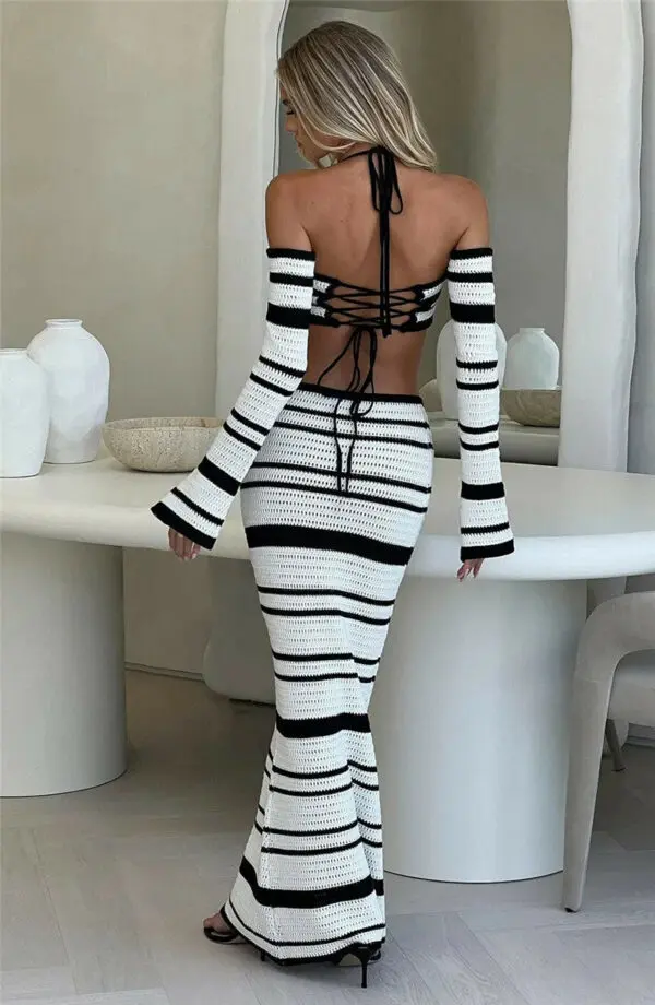 Black and White Crochet Long Sleeve Crop Top With Maxi Skirt Set - Image 3